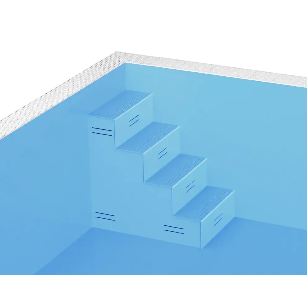 Blå pooltrapp med greppvänliga ränder i ThermoPP Poolpaket QBig Overflow 3.5×7
