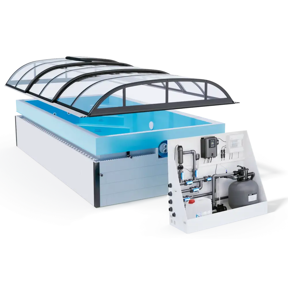 Modern ThermoPP Poolpaket Qbig Overflow 3.5×7 pool med glastak och filtrering