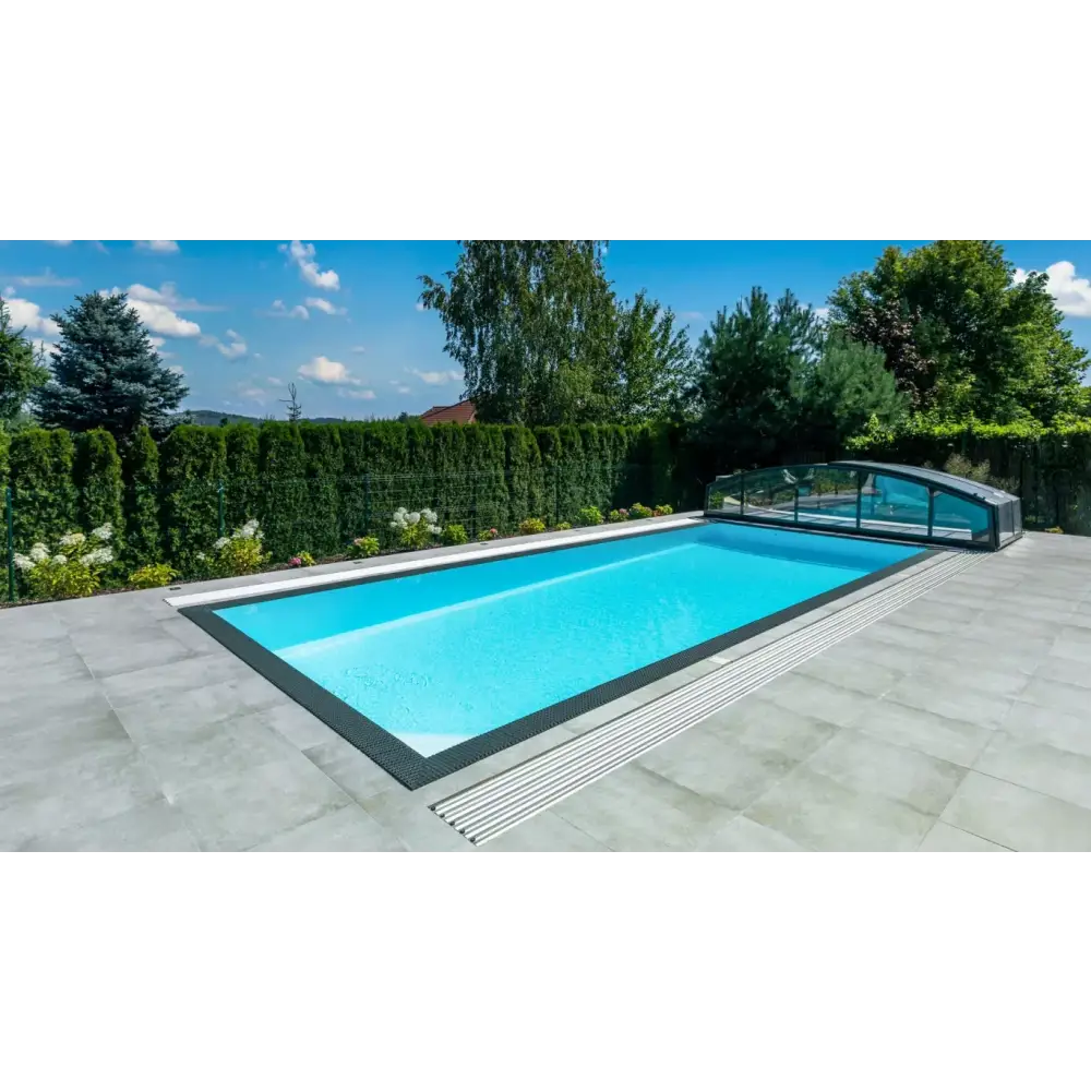 ThermoPP Poolpaket QBig Overflow: rektangulär pool med svart ram och turkost vatten