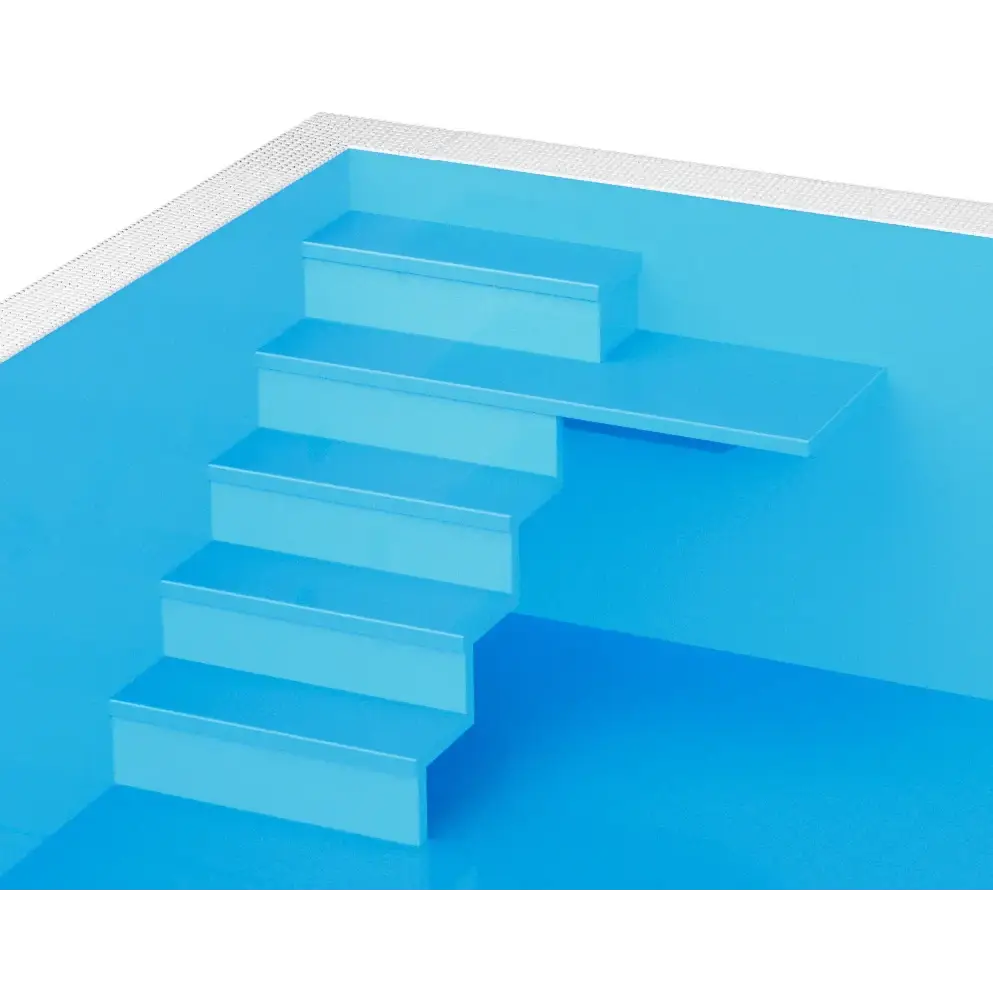 Blå pooltrapp i ThermoPP Poolpaket Qbig Overflow 3×6 med glansig minimalistisk design