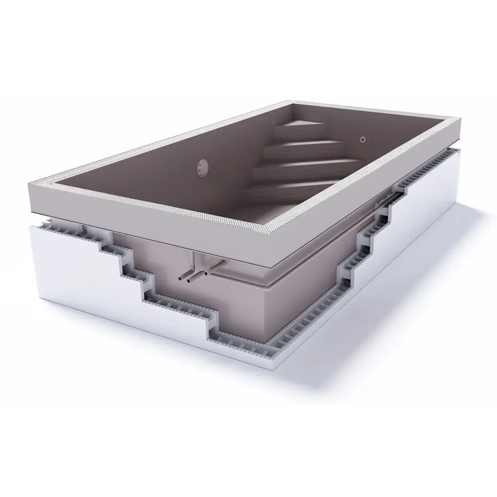Grå rektangulär ThermoPP Poolpaket Qbig Overflow 3×6 med inbyggda steg och texturerad yta