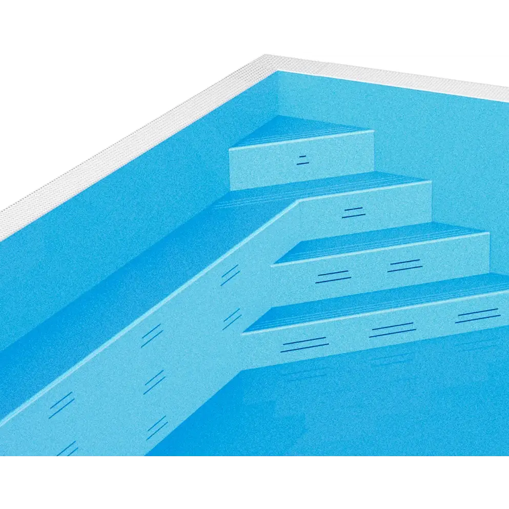 Blå pooltrapp med texturerade ljusblå steg och vit kaklad kant i ThermoPP Poolpaket Qbig Overflow 3×7