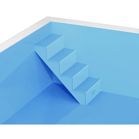 Blå pooltrappa med texturerade steg och vit kaklad kant i ThermoPP Poolpaket QBig Overflow 3×7