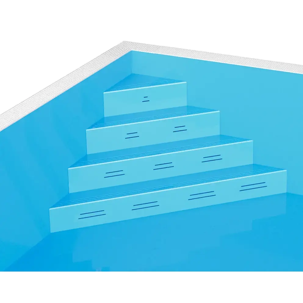 Blå pooltrappa med räfflor och vit kant i ThermoPP Poolpaket QBig Overflow 3×7