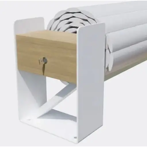 Vit metall- och trähållare för Top One Ovanmark 4.5m lamelltäckning med nyckelhål